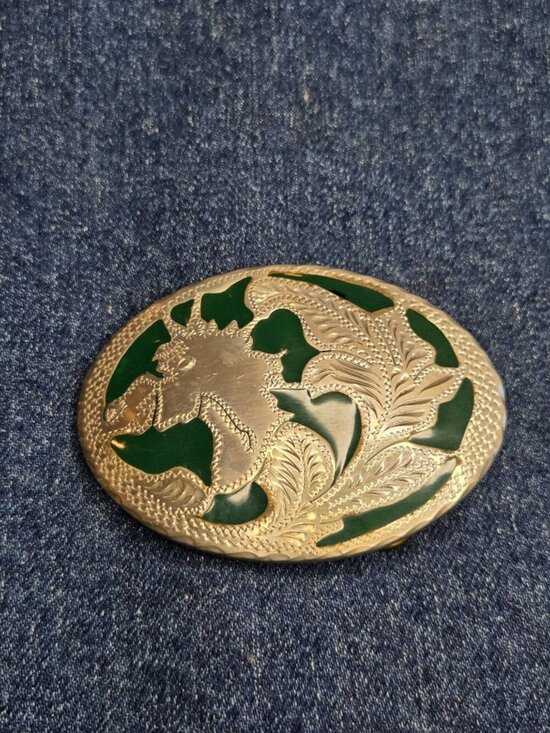 Handmade Horse Mustang Green Inlay Belt Buckle Vintage Western One of a Kind